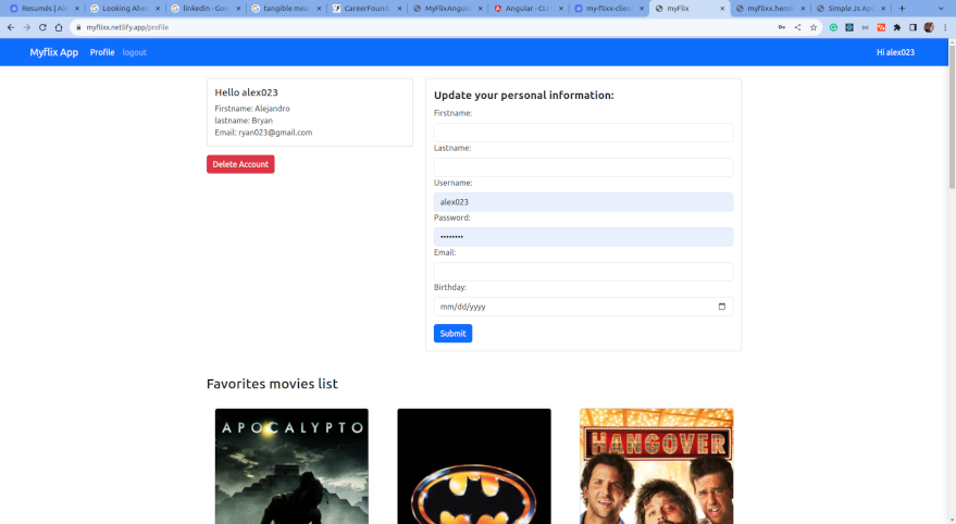 Profile view for displaying and updating user details and managing favorite movies